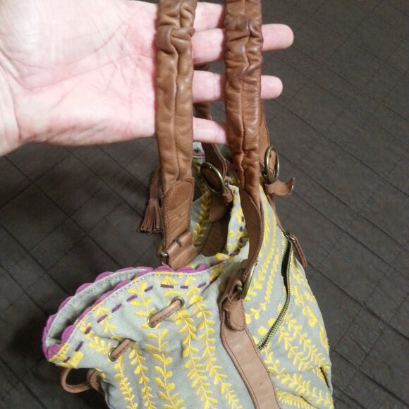 Lucky Penny Anthropologie Purse Handbag Tote Hobo Boho Bohemian Yellow Gray - Picture 7 of 16